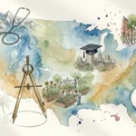 Watercolor illustration of a US map with symbols of healthcare, education, and community representing new retirement trends.