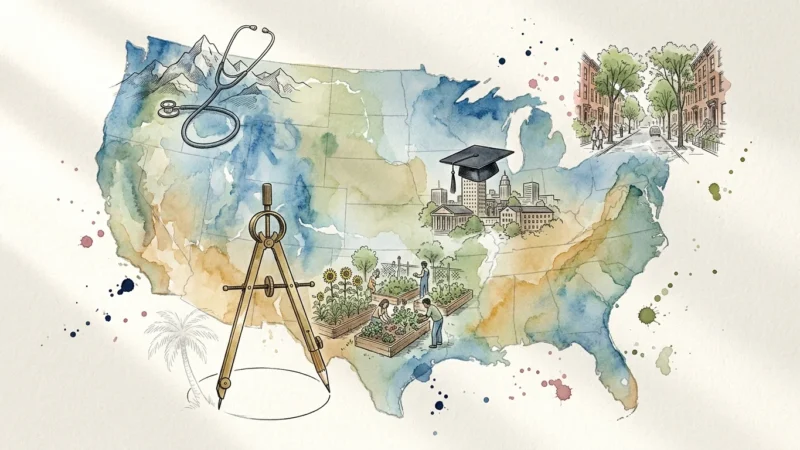 Watercolor illustration of a US map with symbols of healthcare, education, and community representing new retirement trends.