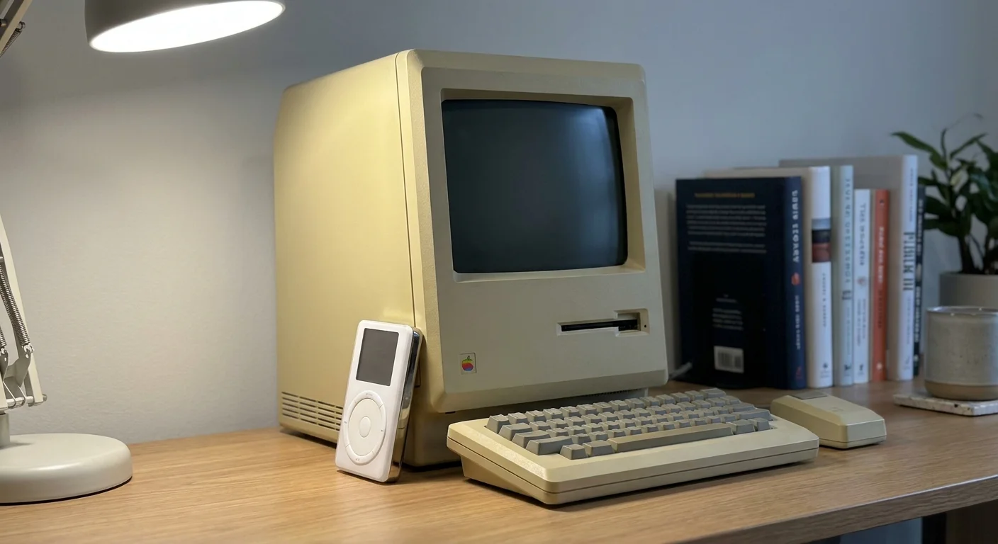 A 1984 Macintosh computer and an original iPod classic displayed on a modern wooden desk.