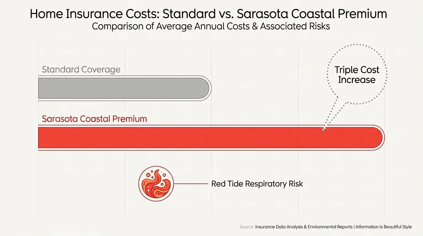 A bar chart comparing standard insurance to the tripled costs found in Sarasota, Florida.