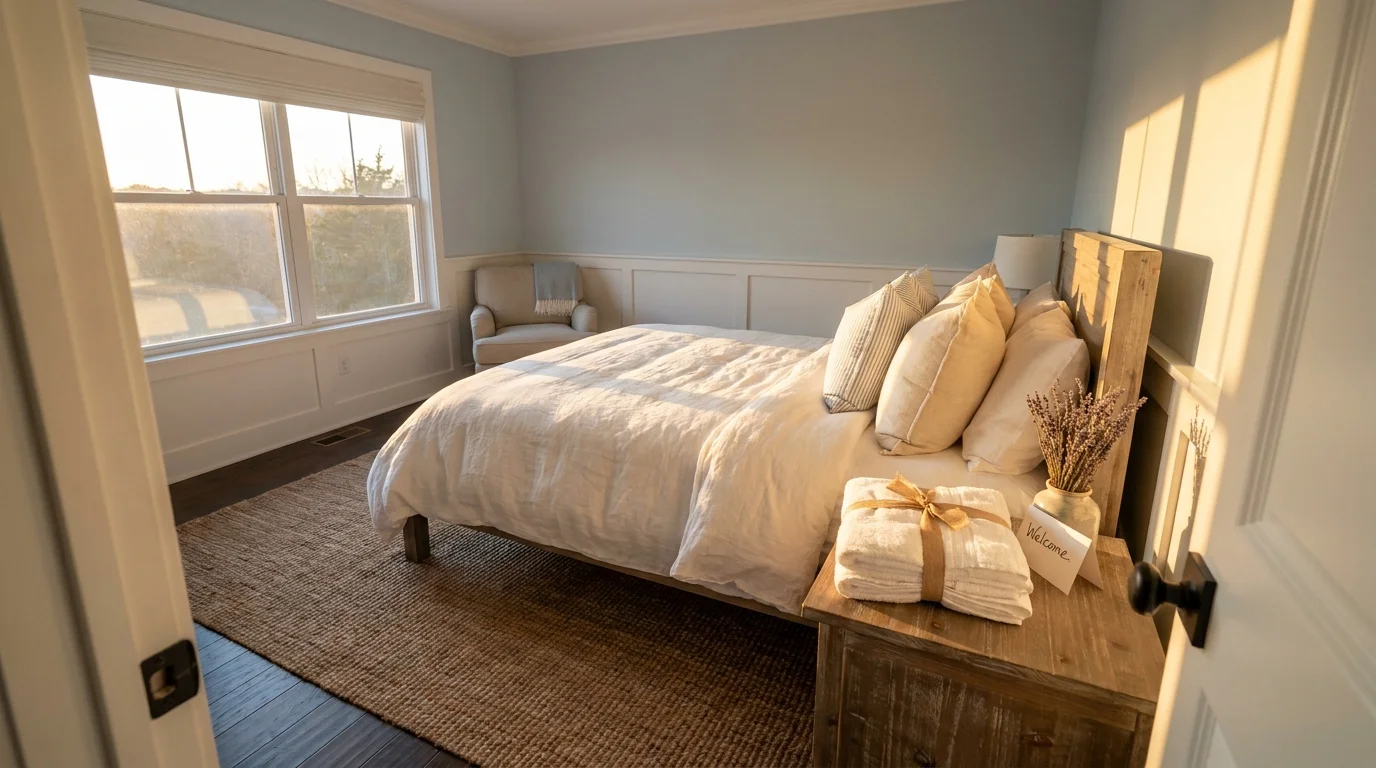 A beautifully decorated and sunlit guest bedroom prepared for a rental guest.