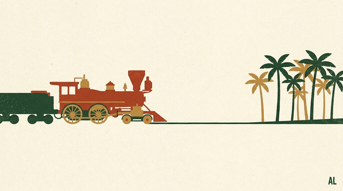 A bold screenprint-style illustration of a vintage train and palm trees, symbolizing Foley, Alabama.