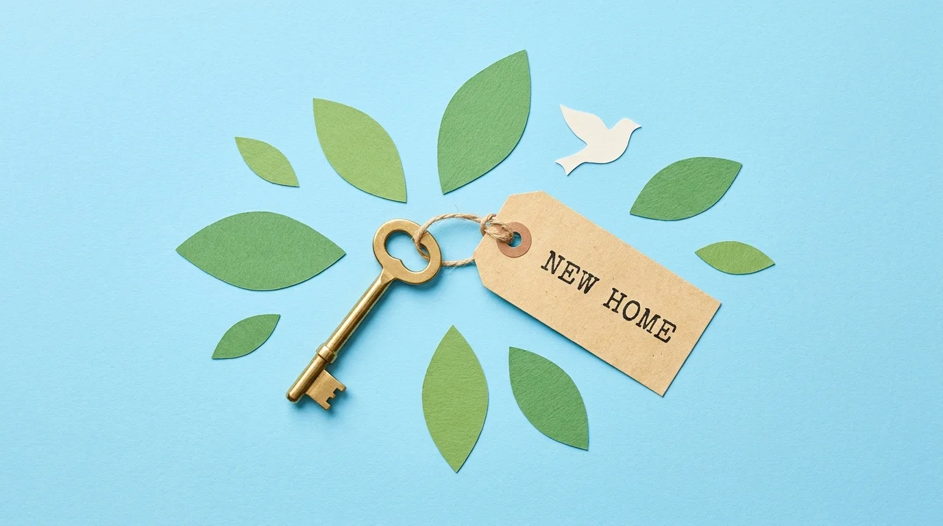 A brass key with a 'NEW HOME' tag on a bright blue background, surrounded by simple paper-cut leaves.