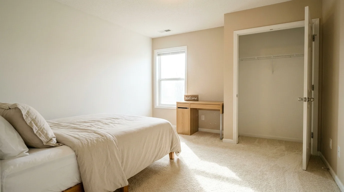 A bright, clean, and empty spare bedroom with sunlight streaming through a window, ready to be rented.
