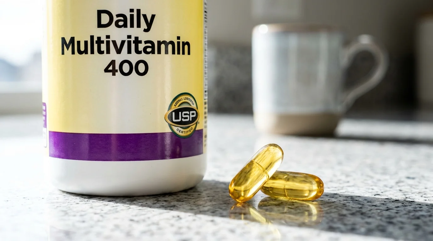 A bulk-sized multivitamin bottle and two golden fish oil capsules on a granite countertop in bright morning light.