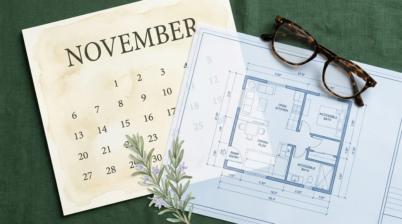 A calendar, a blueprint of a small home, and reading glasses, representing long-term care planning.