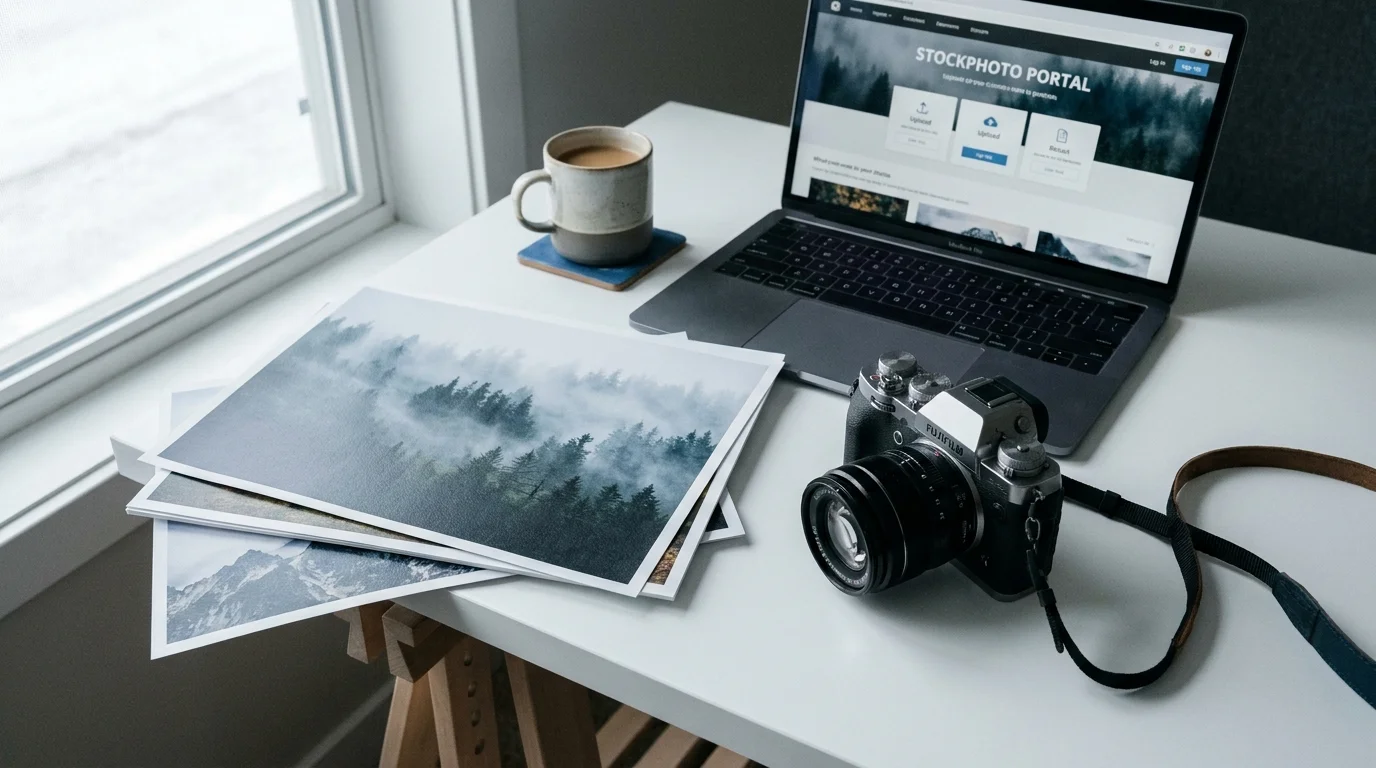 A camera, coffee mug, and printed landscape photos on a desk, representing the business of stock photography.
