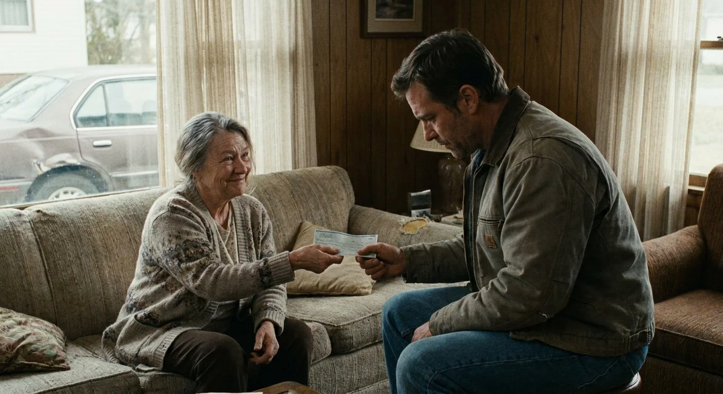 A candid film photo of an older mother handing a check to her adult son, showing a mix of love and financial concern.