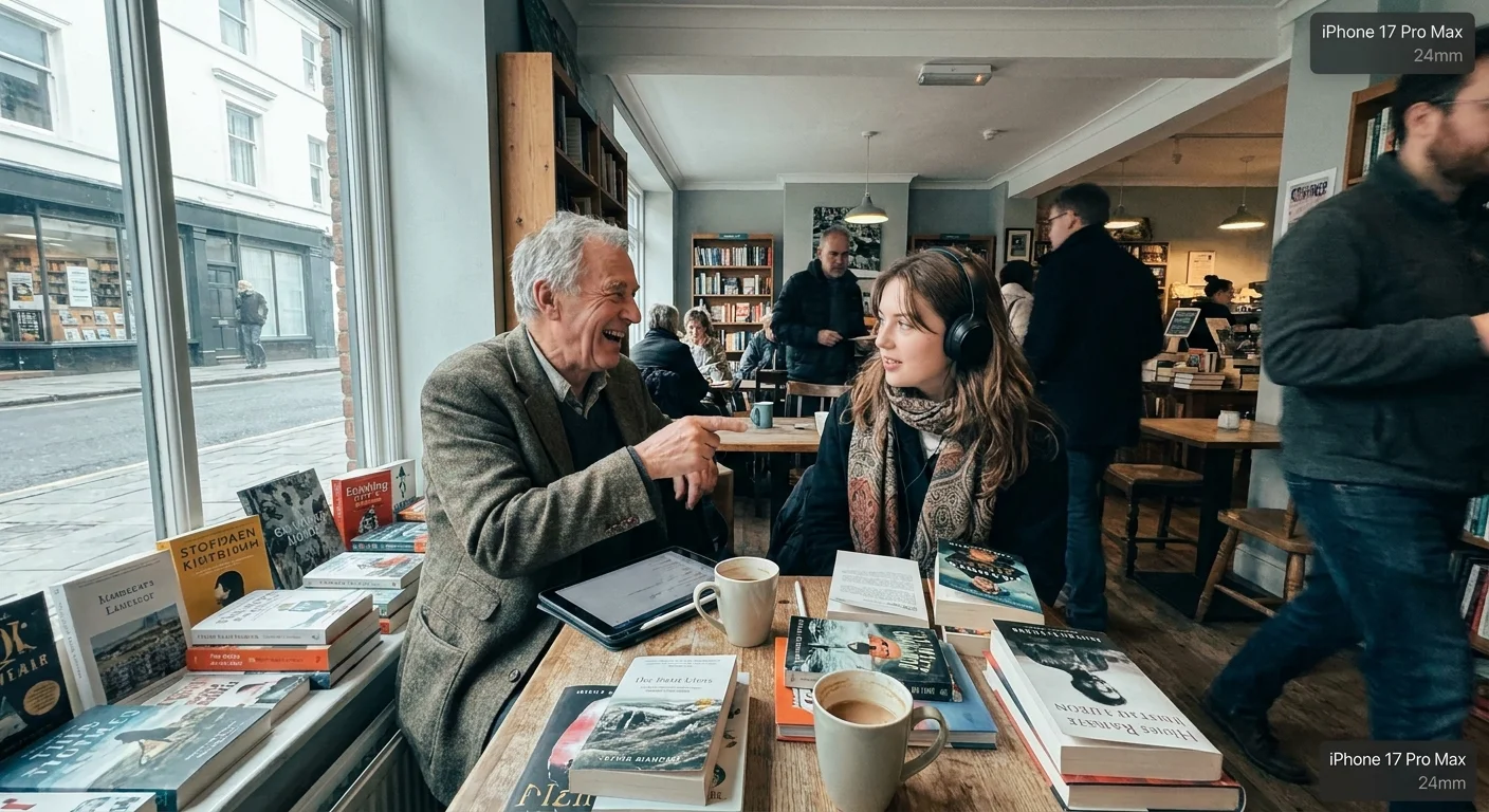 A candid photo of a retiree laughing and working with a colleague at a local cafe table.