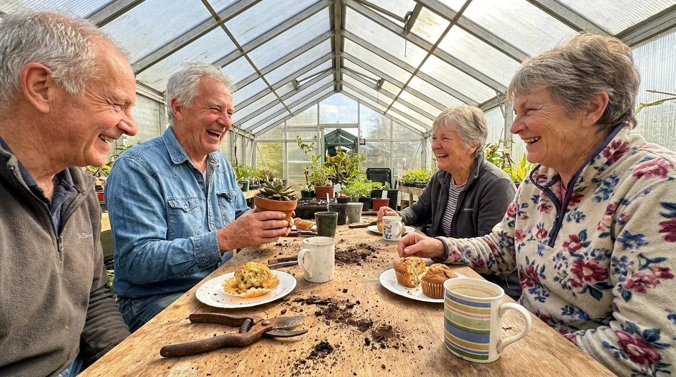 A candid photo of four seniors laughing and gardening together at a community center, showing active social engagement.