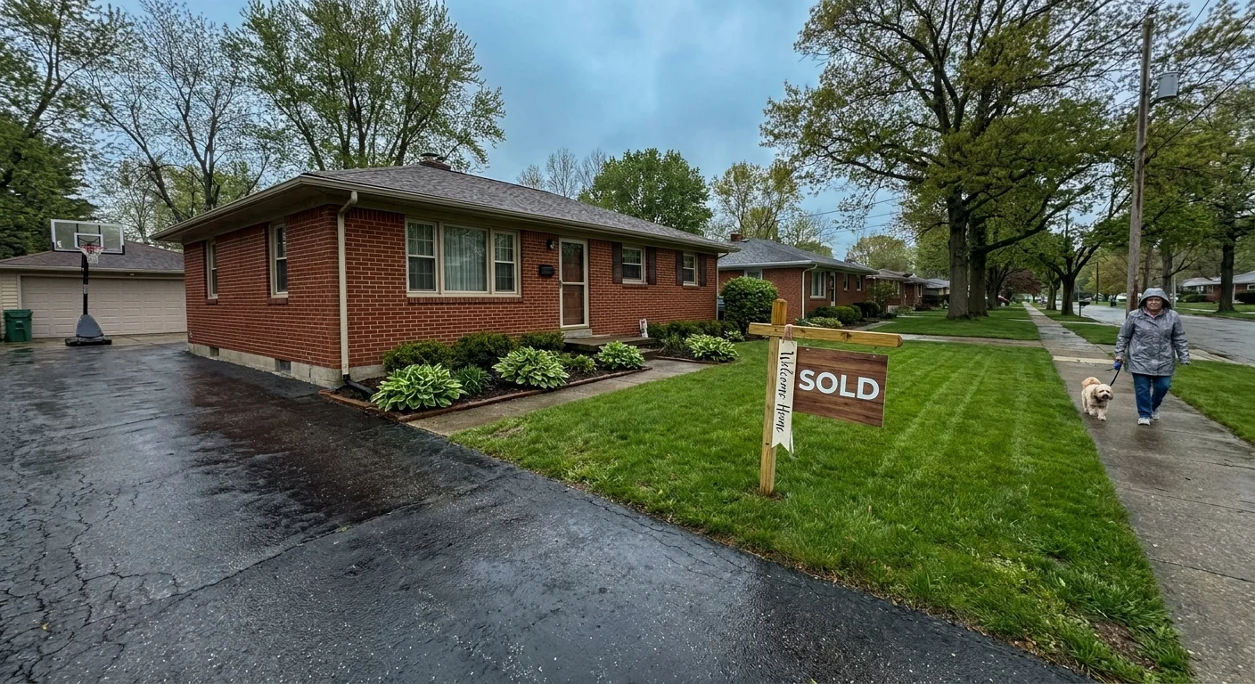 A classic, affordable single-story brick home in a quiet Fort Wayne neighborhood with a 'Sold' sign in the yard.
