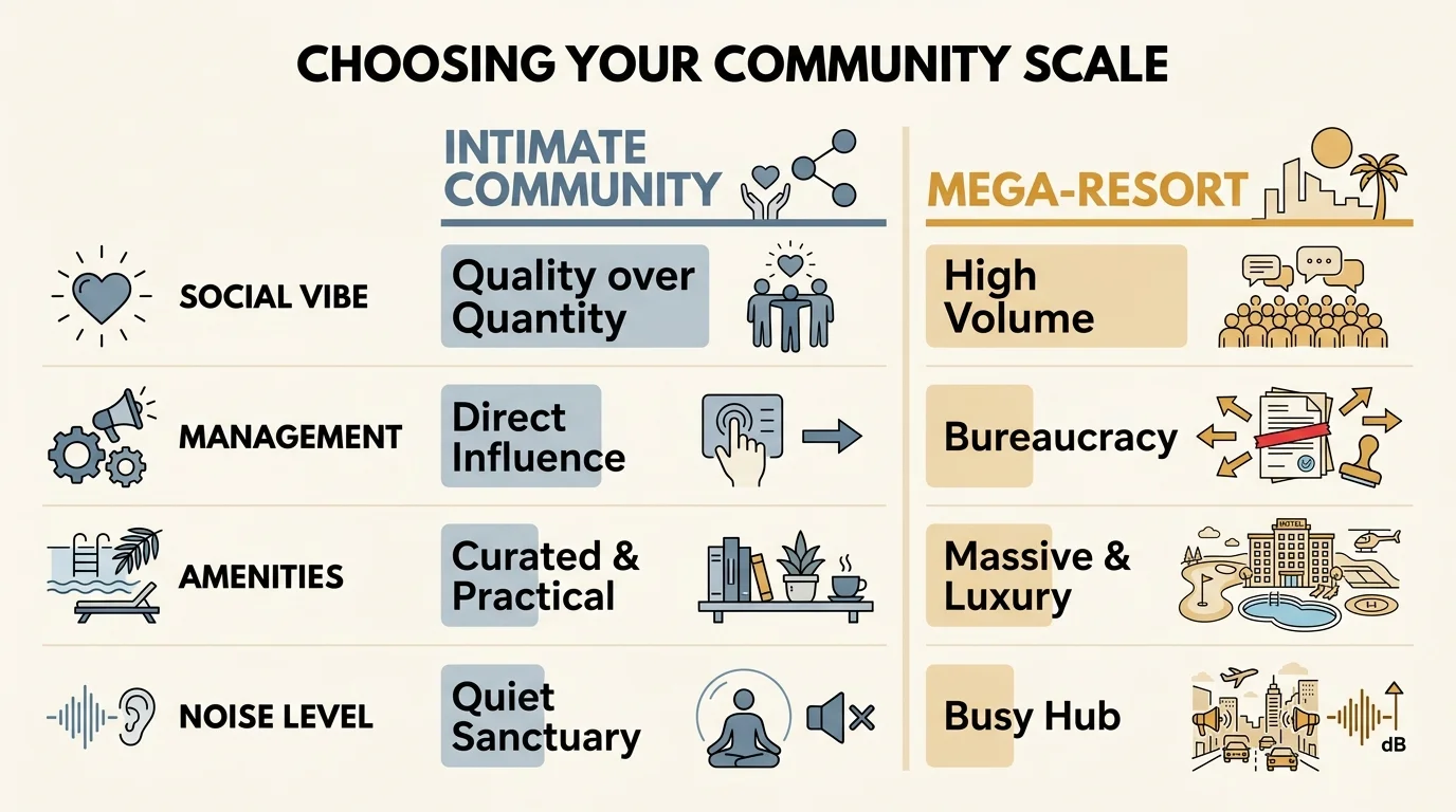 A clean chart comparing Intimate Communities and Mega-Resorts across social, management, and amenity categories.