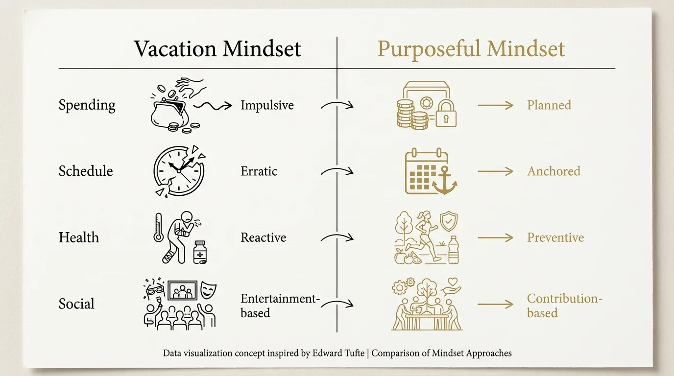 A clean comparison table contrasting the habits of a vacation-style retirement with a purposeful retirement.