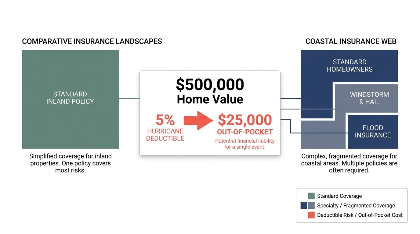 A clean data diagram showing the fragmentation of coastal insurance into three separate policies with a high 5% hurricane deductible.