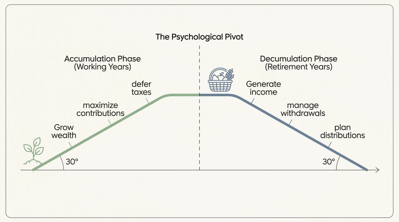A clean diagram comparing the 'Accumulation Phase' of working years with the 'Decumulation Phase' of retirement.
