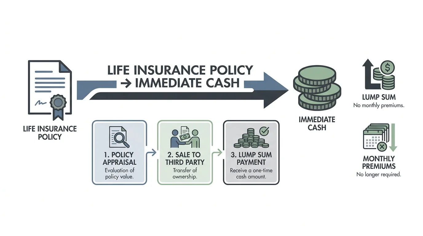 A clean infographic diagram showing the process of converting a life insurance policy into a lump sum cash payment.
