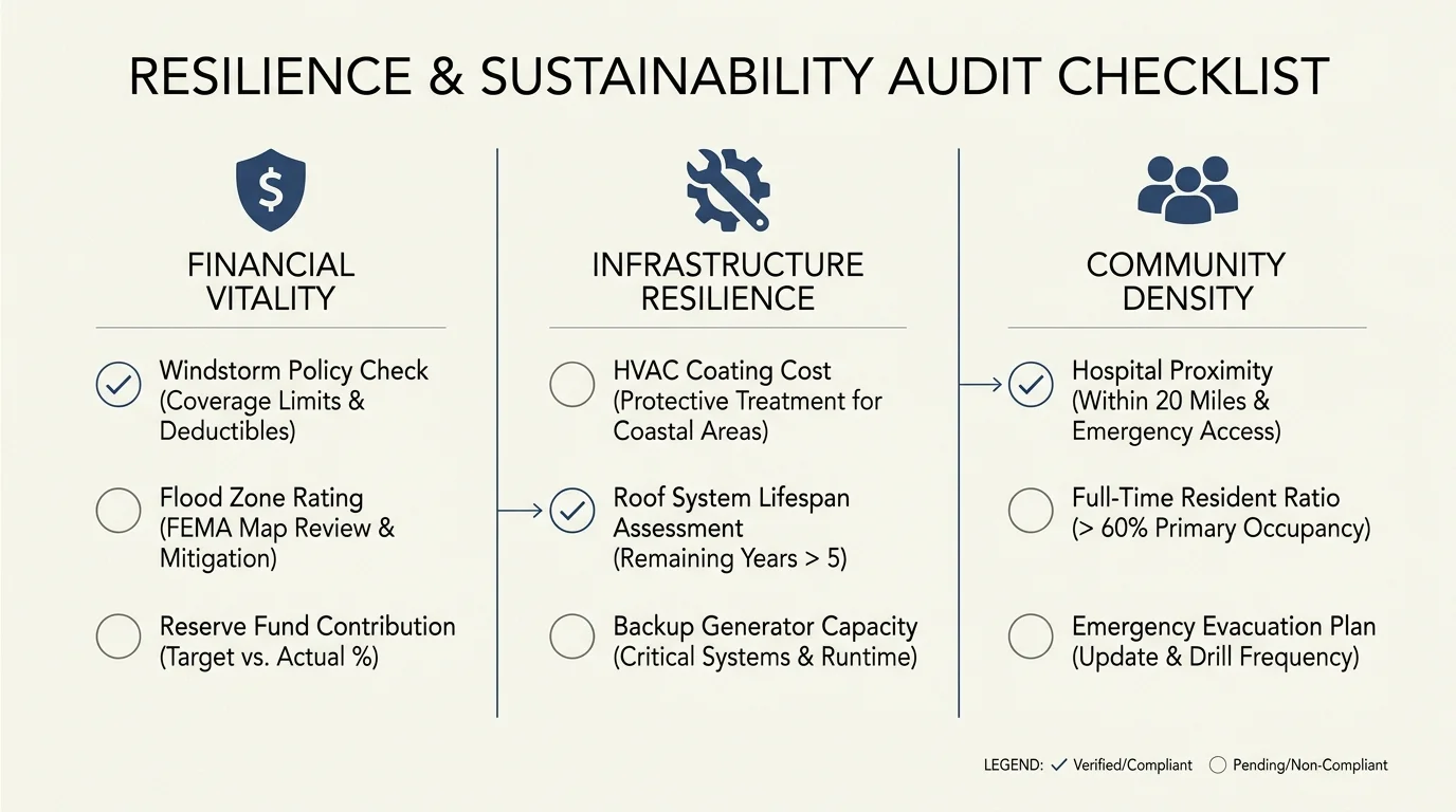 A clean, three-column checklist for coastal retirement including insurance, maintenance, and healthcare proximity.