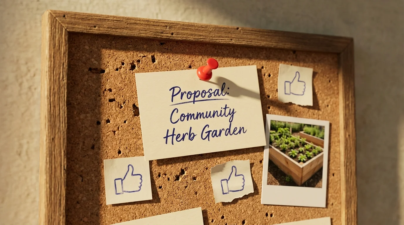 A close-up of a corkboard featuring a handwritten note about a community garden, pinned with a red pushpin.