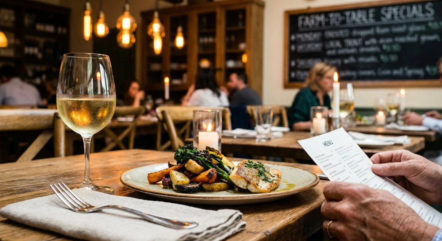 A close-up of a gourmet farm-to-table meal and a glass of wine in a warm, candlelit bistro setting.