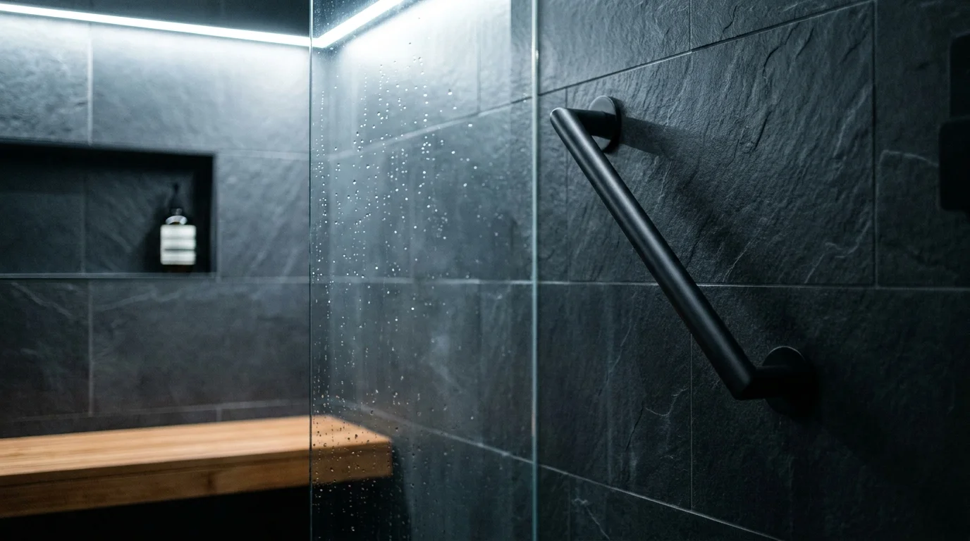 A close-up of a modern, accessible walk-in shower with a stylish grab bar and slate tiling, designed for aging in place.