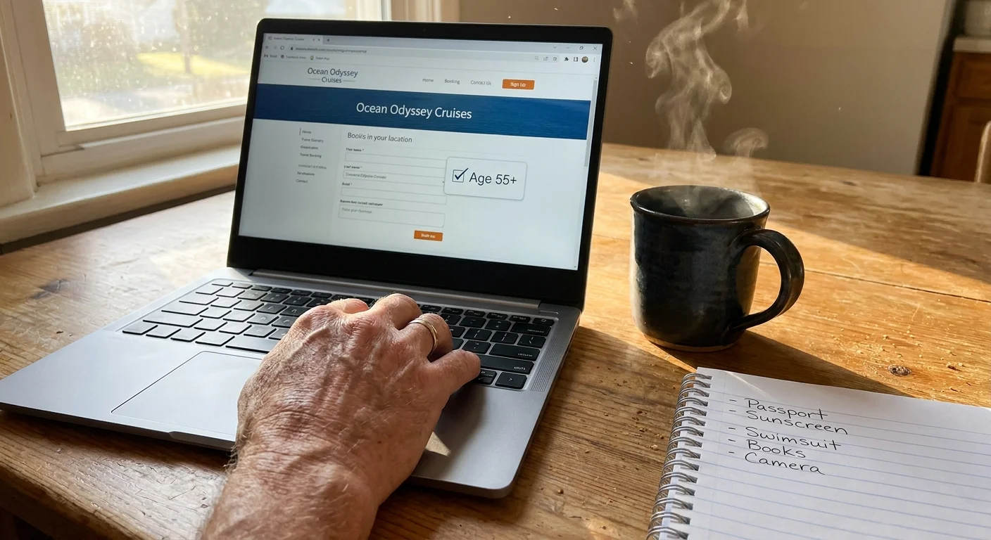 A close-up of a person checking the '55+' discount box on a cruise booking website from their home kitchen.