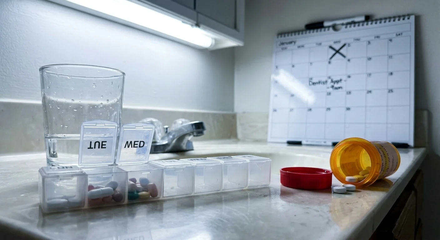 A close-up of a pill organizer and a canceled doctor's appointment on a calendar, showing neglected health routines.