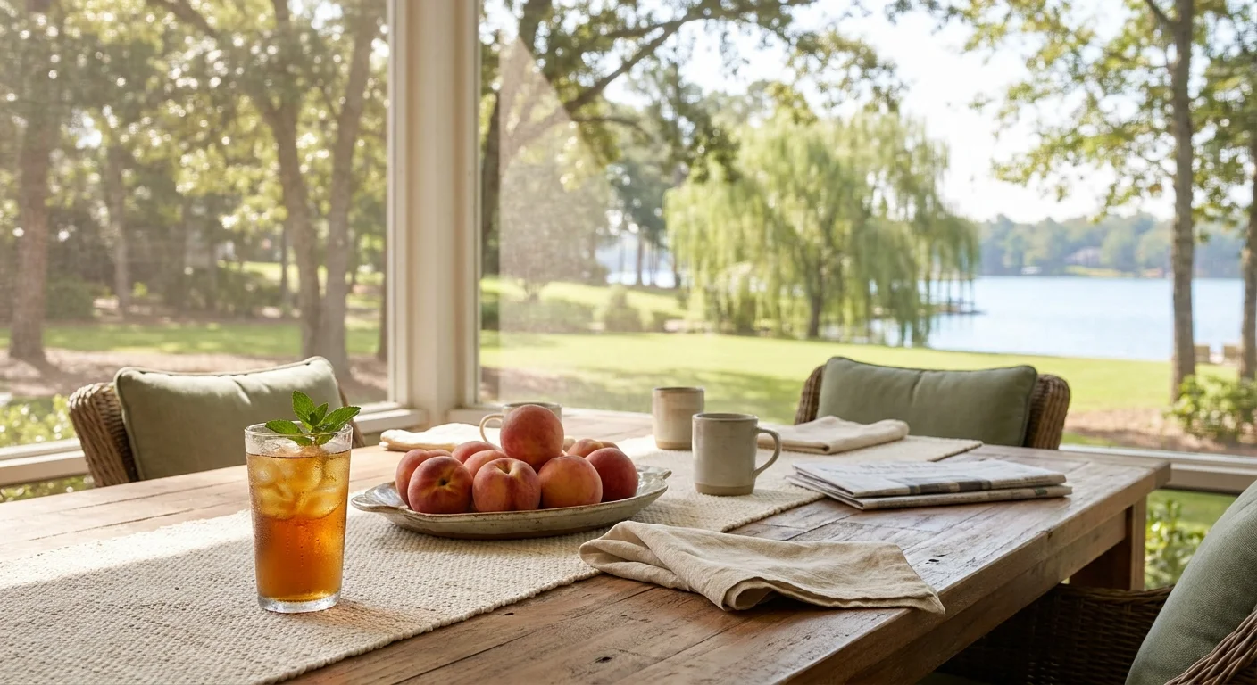 A close-up of a porch table with iced tea and peaches, overlooking a sunlit lake in Georgia.