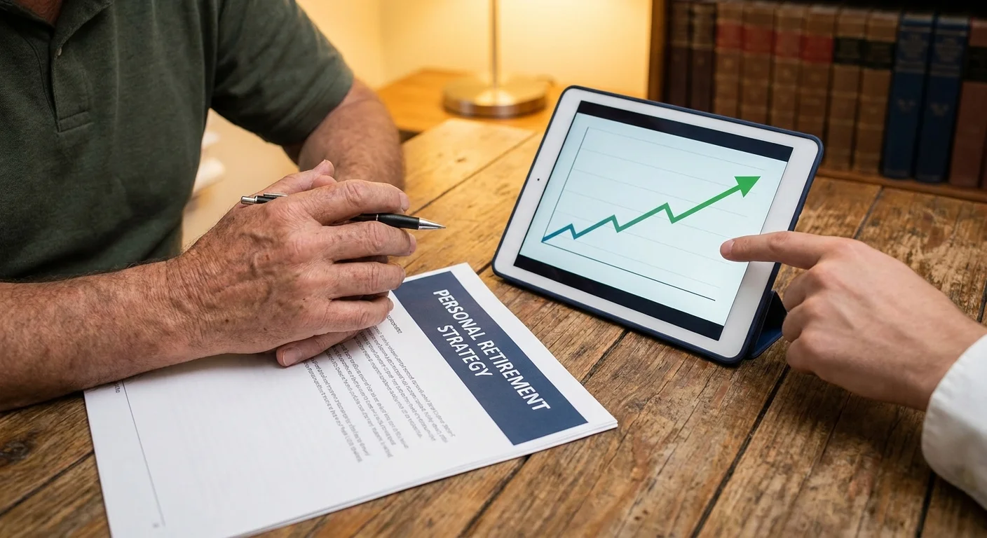 A close-up of a retiree's hands and a professional's hand reviewing a retirement plan together on a wooden table.