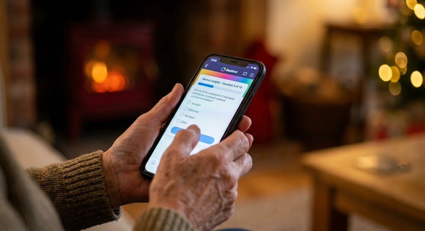 A close-up of a retiree's hands using a smartphone to participate in a market research focus group.