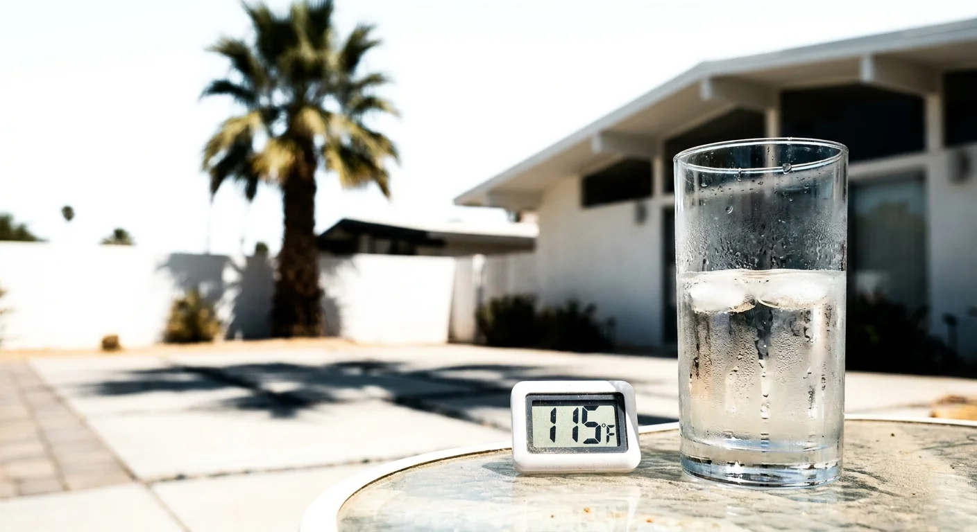 A close-up of an outdoor thermometer reading 115 degrees next to a glass of melting ice water in Palm Springs.