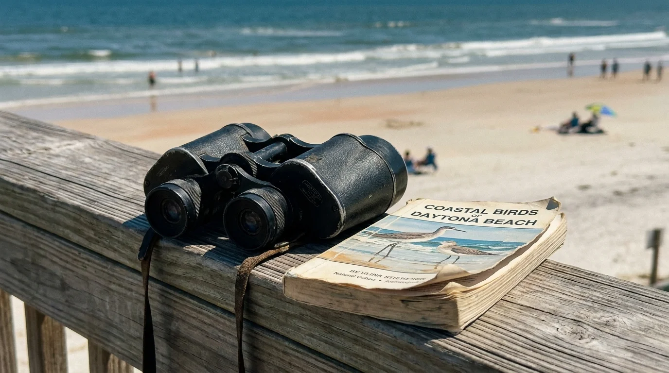 A close-up of binoculars and a birding guide resting on a boardwalk railing overlooking Daytona Beach.