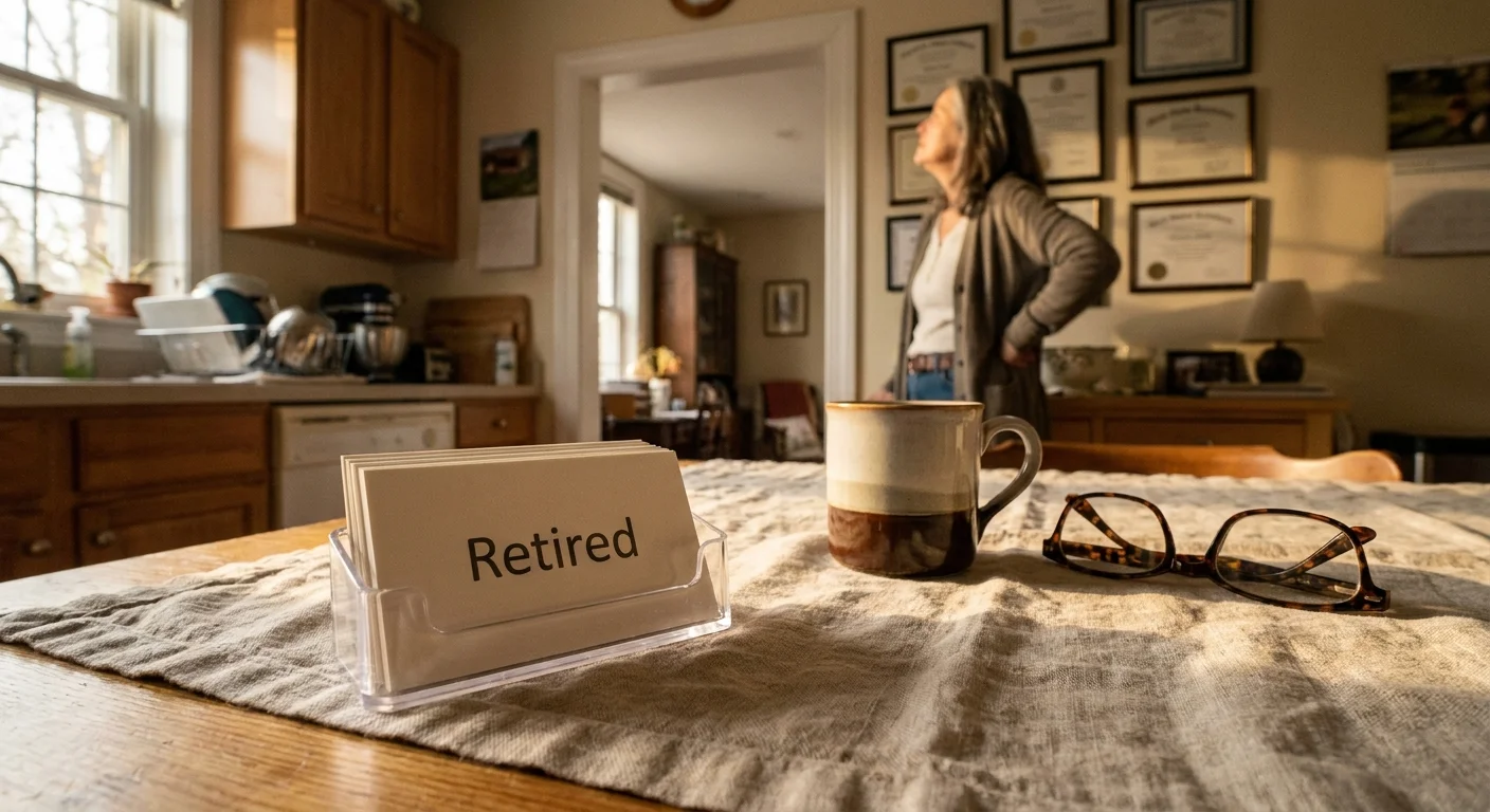 A close-up of business cards that simply say 'Retired' sitting on a kitchen table, with a woman looking at her diplomas in the background.