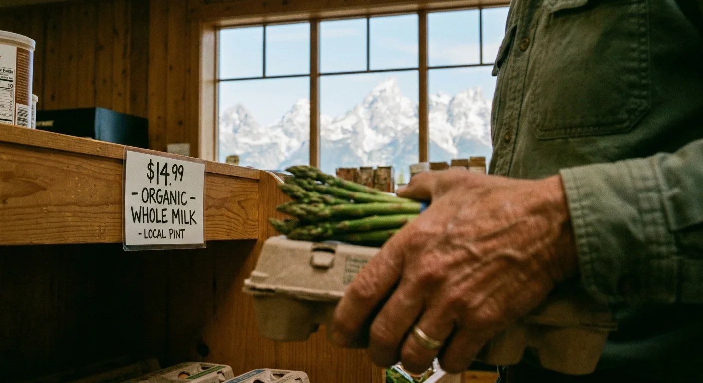 A close-up of grocery items in a store with expensive price tags and a view of the Tetons through the window.