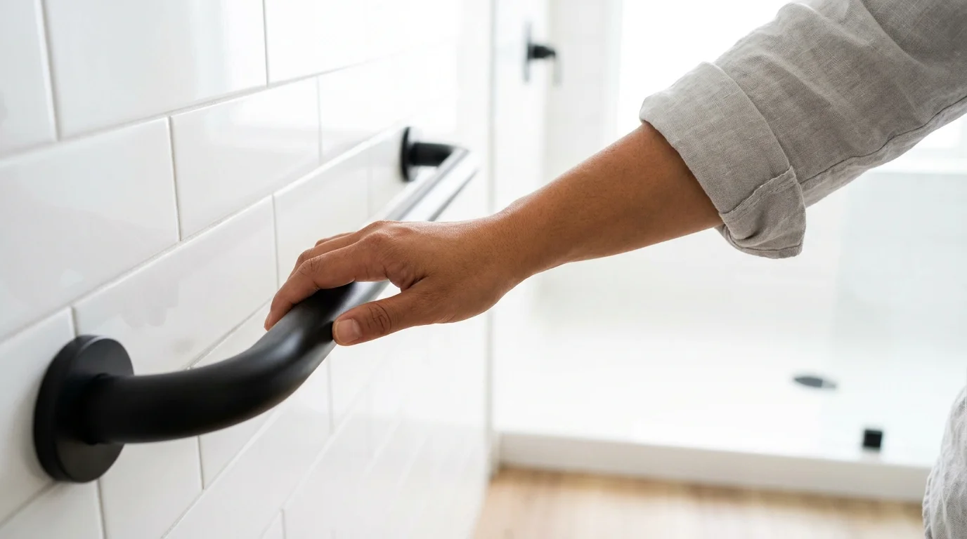 A close-up photo of a modern, stylish black grab bar in a bright bathroom, emphasizing accessible home design.