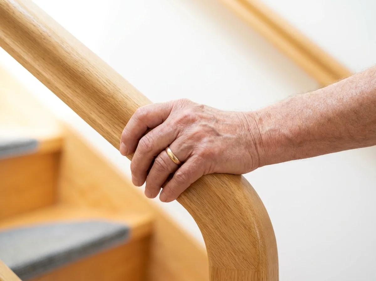A close-up photo of a person's hand gripping a sturdy wooden handrail for support while navigating stairs.