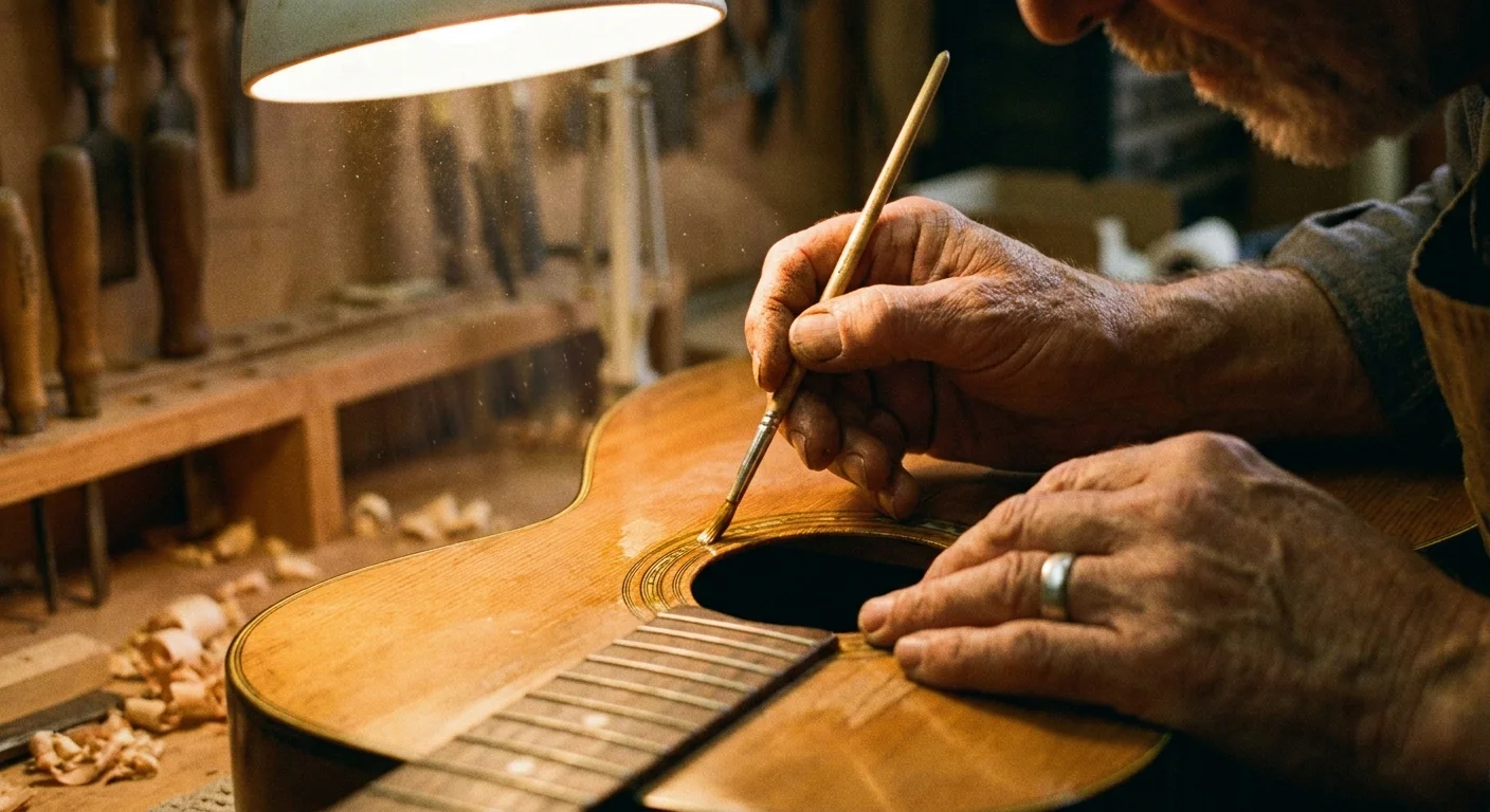 A close-up photo of a retiree's hands carefully working on a handcrafted wood project in a warm workshop.