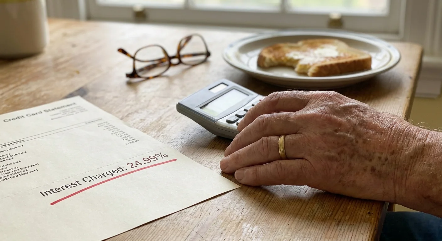 A close-up photo of an older person's hand using a calculator next to a credit card bill showing high interest charges.