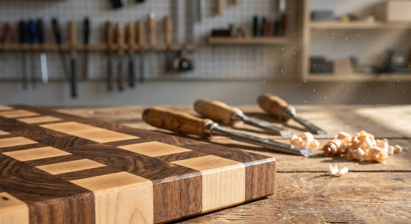 A close-up shot of a polished wooden cutting board on a workbench surrounded by wood shavings and tools.