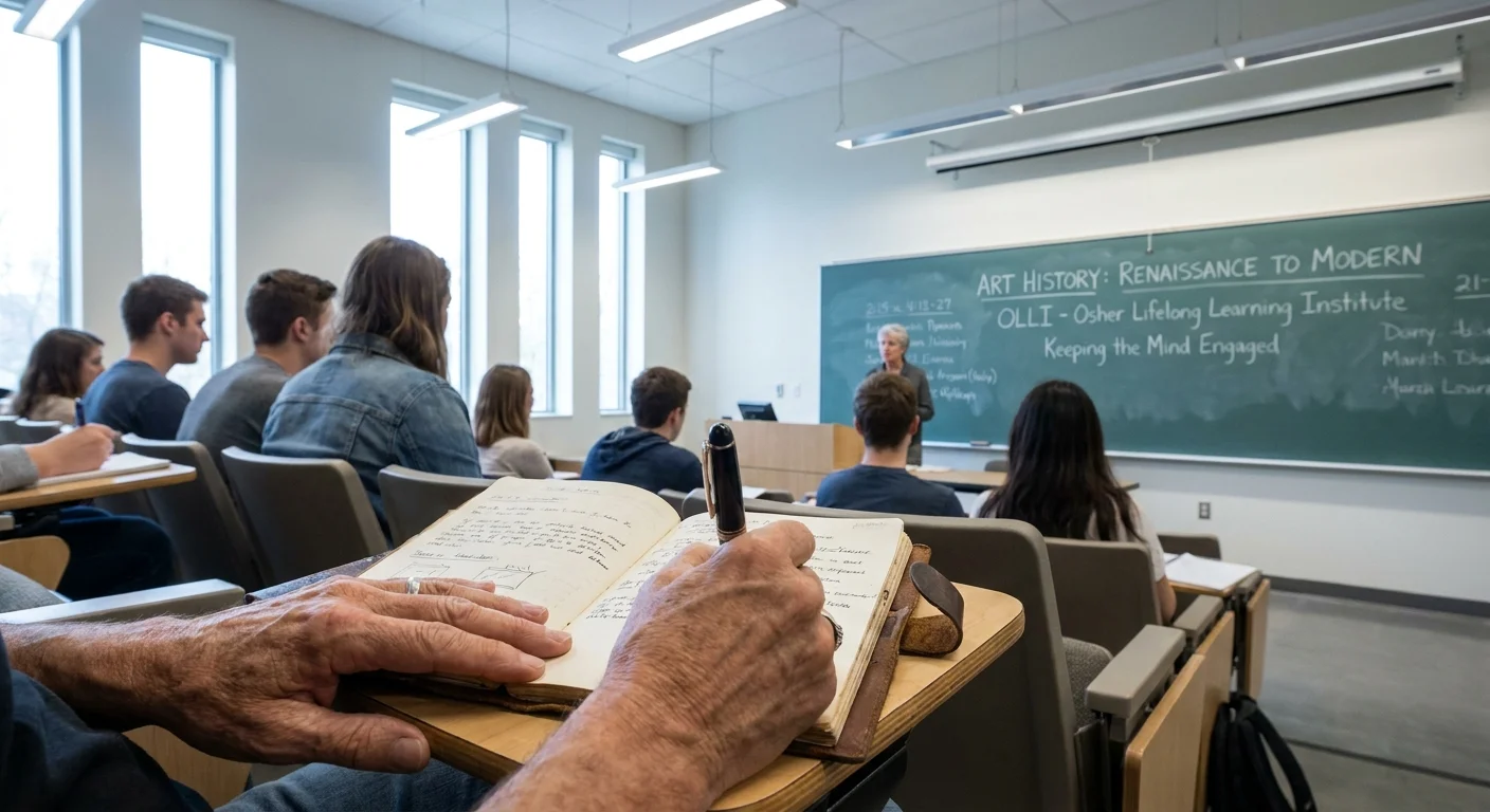 A close-up shot of a senior's hands taking notes in a college lecture hall, with students and a chalkboard in the blurred background.
