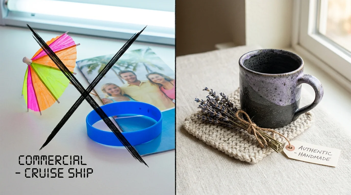 A collage crossing out plastic 'resort' items while highlighting handmade, authentic household objects.