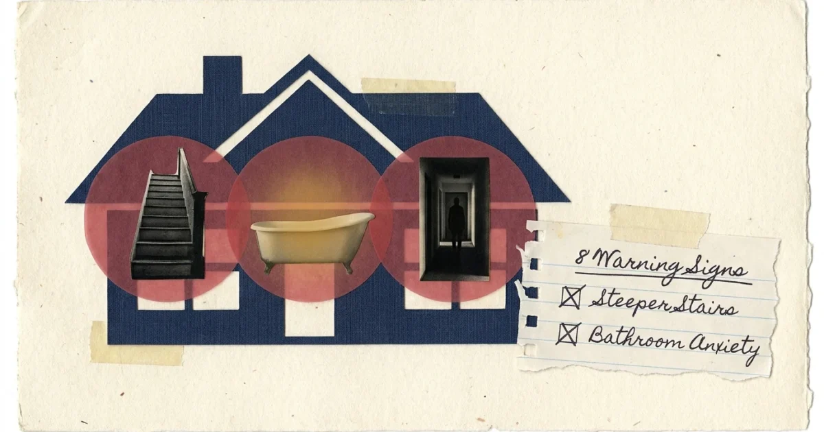 A collage of a house silhouette with red warning circles over stairs and bathrooms, next to a handwritten checklist of home safety signs.
