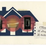 A collage of a house silhouette with red warning circles over stairs and bathrooms, next to a handwritten checklist of home safety signs.