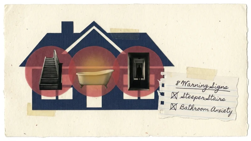 A collage of a house silhouette with red warning circles over stairs and bathrooms, next to a handwritten checklist of home safety signs.