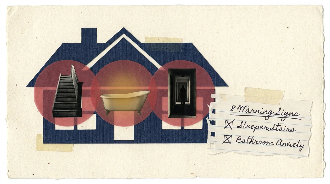 A collage of a house silhouette with red warning circles over stairs and bathrooms, next to a handwritten checklist of home safety signs.