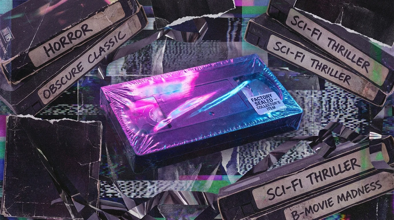 A collage of old VHS tapes including a factory-sealed horror movie tape reflecting neon light.