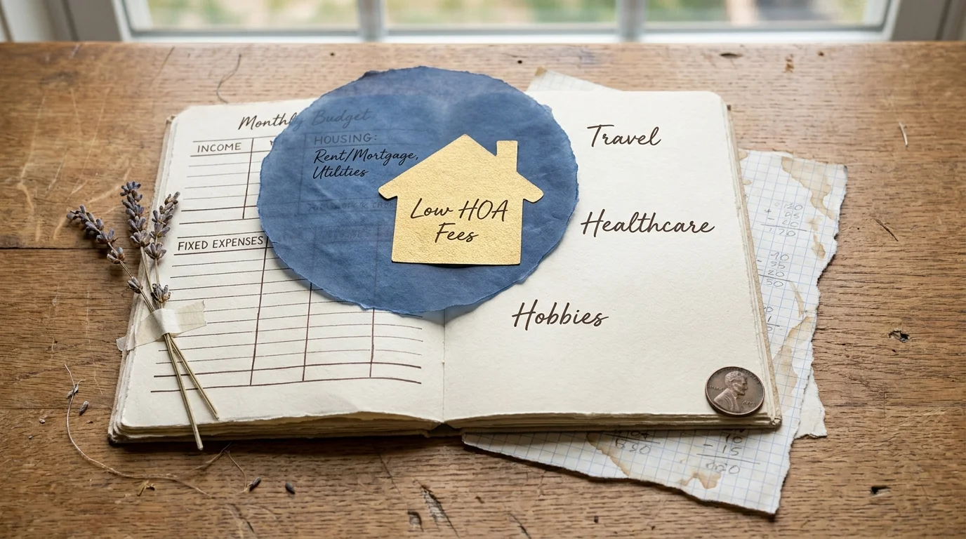 A collage showing a budget planner with plenty of space for travel and hobbies thanks to low HOA fees.