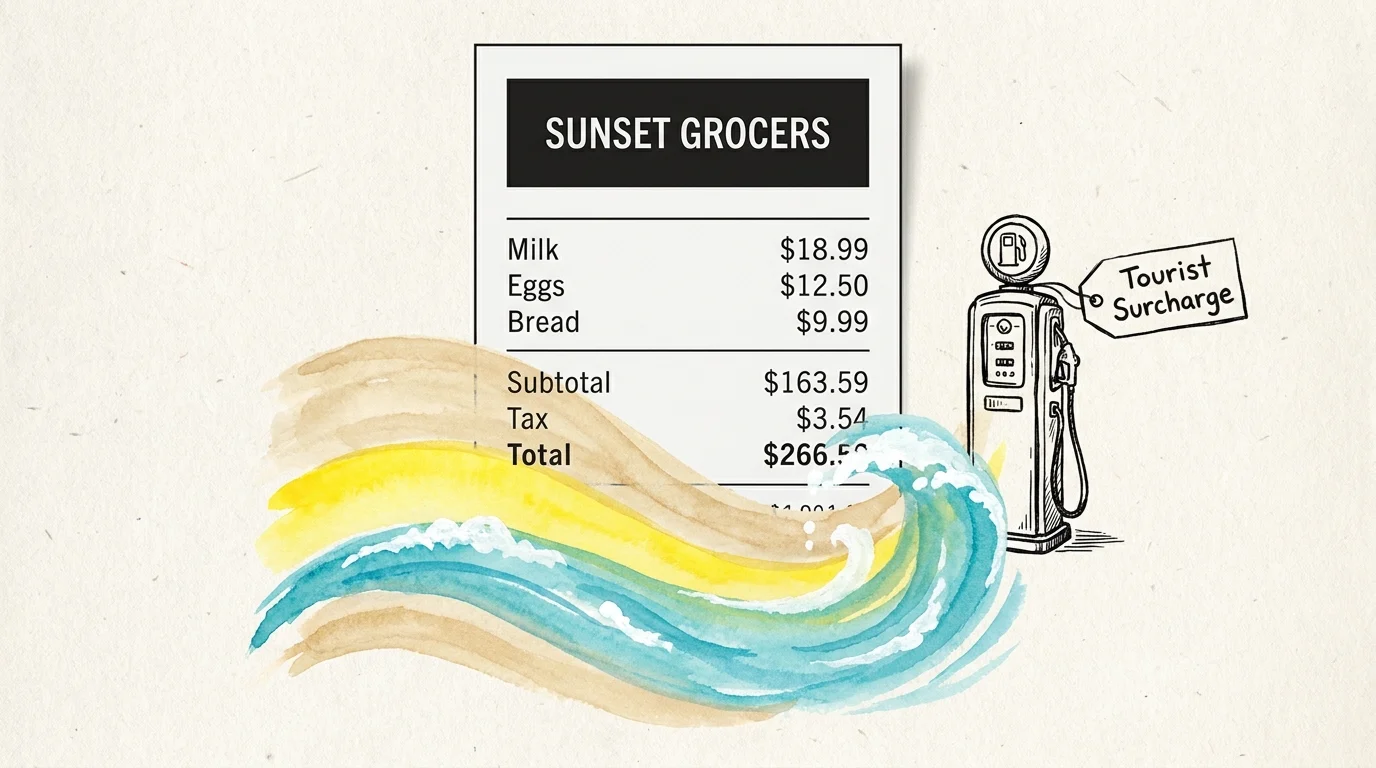 A collage showing a grocery receipt with high prices for basic goods, overlaid with beach-themed watercolor washes.