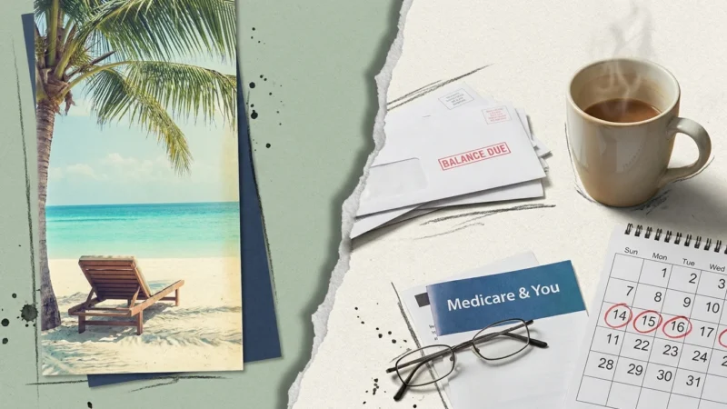 A collage showing a tropical beach brochure on one side and a kitchen table with bills and a Medicare guide on the other, split by a tear.