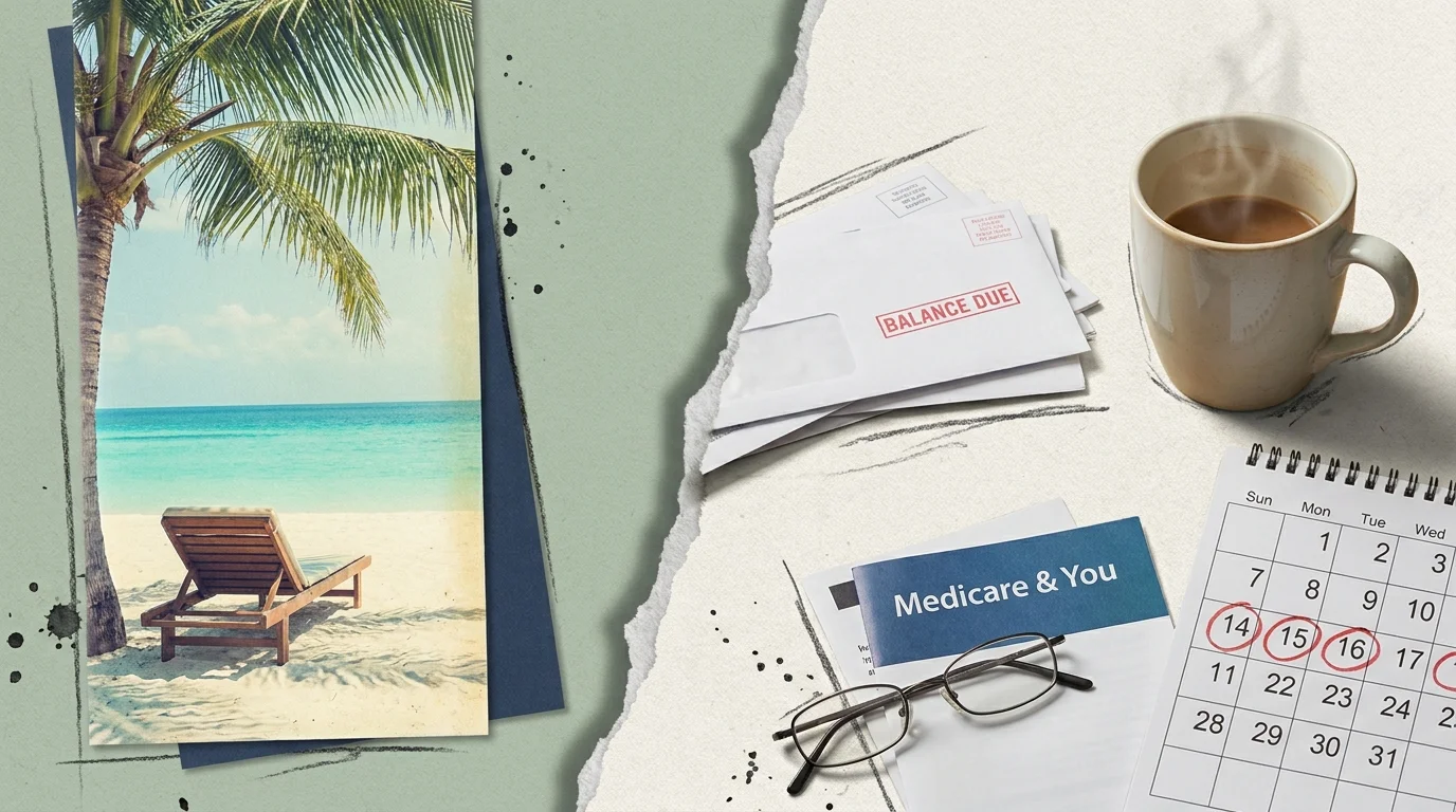 A collage showing a tropical beach brochure on one side and a kitchen table with bills and a Medicare guide on the other, split by a tear.