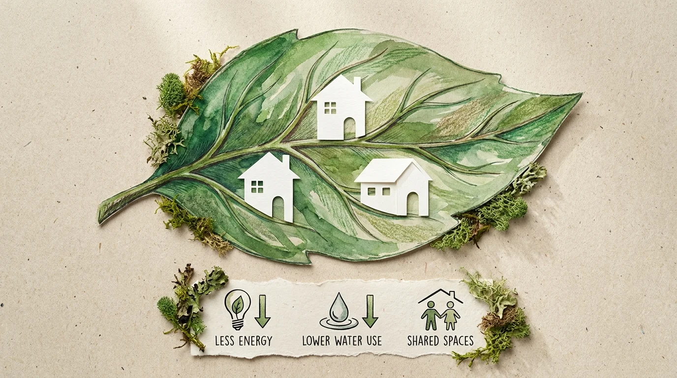 A collage showing small houses nestled inside a large green leaf, representing a smaller environmental footprint.